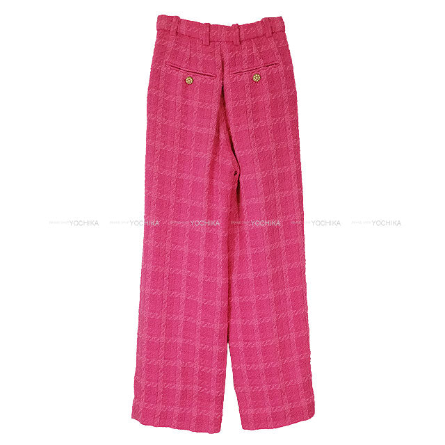 2019 AW Runway CHANEL Pants COCO Buttons tweed check Wide-Leg Pleated Magenta/Pink Wool #38 P62307[EXCELLENT][Authentic]