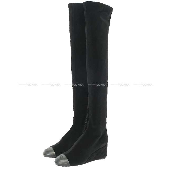 2024-2025 Metiers d'Art Collection CHANEL boots Matelasse Thigh-High Stretch Heel Coco mark Noir (Black) Velvet/Lambskin #37C Champagne Gold HW G46564[BRAND NEW][Authentic]
