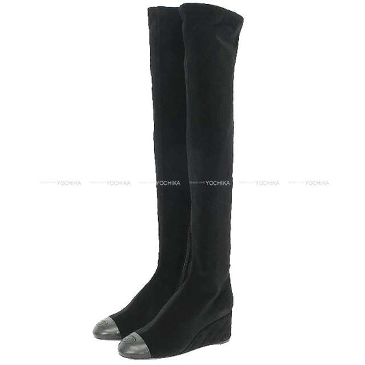 2024-2025 Metiers d'Art Collection CHANEL boots Matelasse Thigh-High Stretch Heel Coco mark Noir (Black) Velvet/Lambskin #37C Champagne Gold HW G46564[BRAND NEW][Authentic]