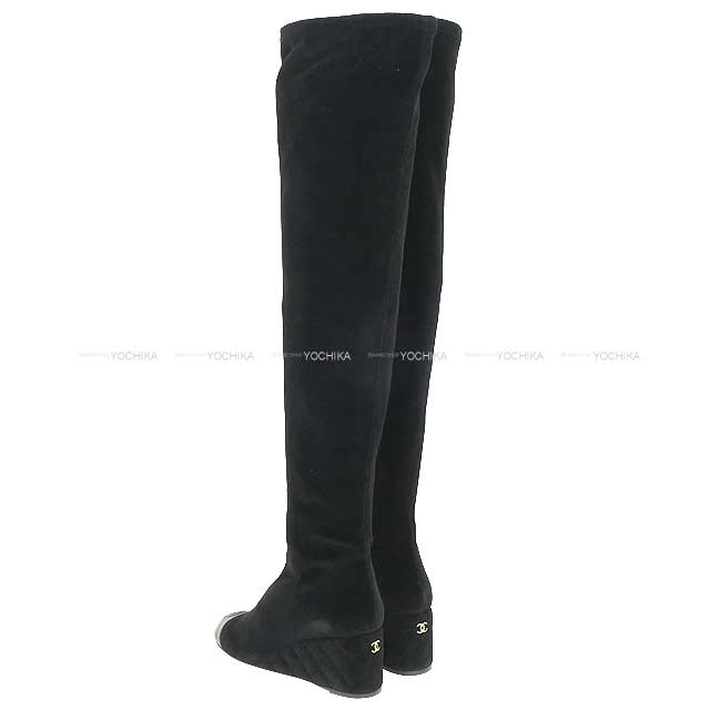 2024-2025 Metiers d'Art Collection CHANEL boots Matelasse Thigh-High Stretch Heel Coco mark Noir (Black) Velvet/Lambskin #37C Champagne Gold HW G46564[BRAND NEW][Authentic]