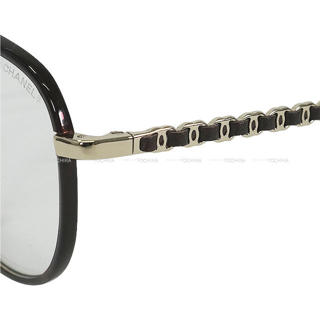 CHANEL eyeglasses Pant Shape Coco mark Temple Blue Light Blocking eyewear Brown Metal/Calfskin Gold HW 2223QS[BRAND NEW][Authentic]