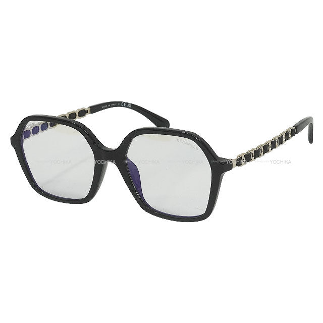 CHANEL sunglass Square Shape Coco Mark Temple Blue Light Cut Noir (Black) Acetate/Calfskin Champagne Gold HW 3489SA[BRAND NEW][Authentic]