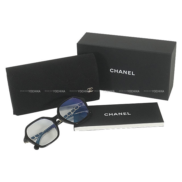 CHANEL sunglass Square Shape Coco Mark Temple Blue Light Cut Noir (Black) Acetate/Calfskin Champagne Gold HW 3489SA[BRAND NEW][Authentic]