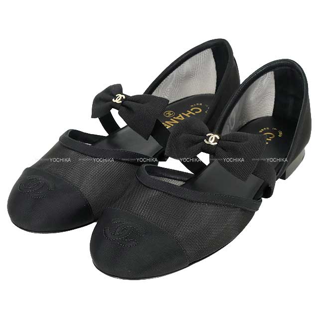 2025AW CHANEL ballet shoes(flat shoes) Mary Jane Coco mark Ribbon Flat Noir (Black) Mesh/Grosgrain #37.5c Champagne Gold HW G46701[BRAND NEW][Authentic]