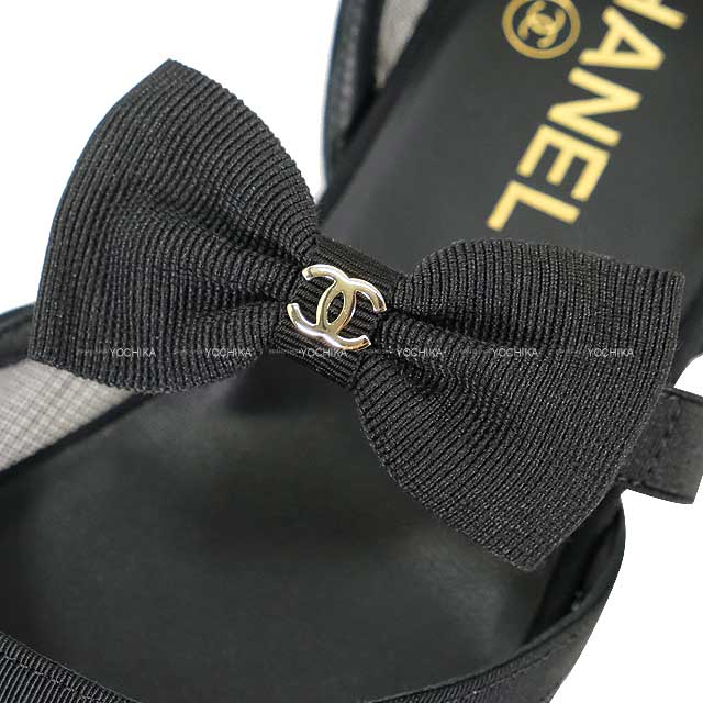2025AW CHANEL ballet shoes(flat shoes) Mary Jane Coco mark Ribbon Flat Noir (Black) Mesh/Grosgrain #37.5c Champagne Gold HW G46701[BRAND NEW][Authentic]