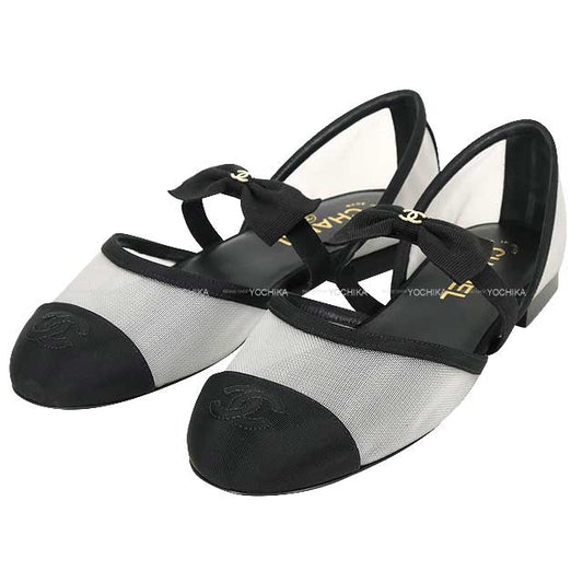 2025AW CHANEL ballet shoes(flat shoes) Mary Jane Coco mark ribbon Flat Bicolor Noir (Black)/Blanc (White) Mesh/Grosgrain #37.5c Champagne Gold HW G46701[BRAND NEW][Authentic]