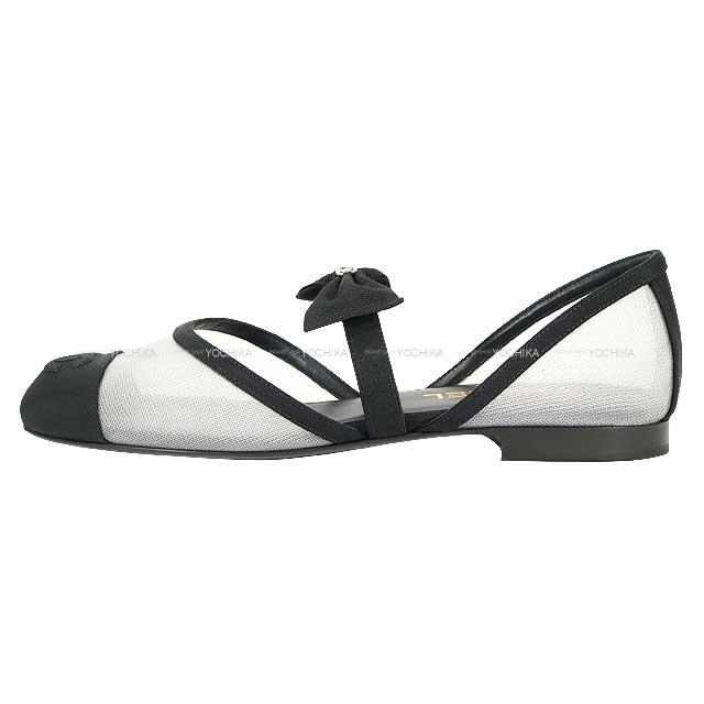 2025AW CHANEL ballet shoes(flat shoes) Mary Jane Coco mark ribbon Flat Bicolor Noir (Black)/Blanc (White) Mesh/Grosgrain #37.5c Champagne Gold HW G46701[BRAND NEW][Authentic]