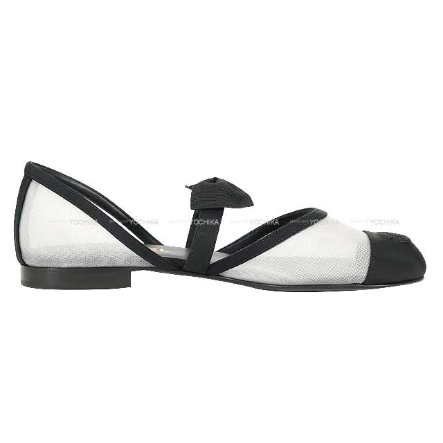 2025AW CHANEL ballet shoes(flat shoes) Mary Jane Coco mark ribbon Flat Bicolor Noir (Black)/Blanc (White) Mesh/Grosgrain #37.5c Champagne Gold HW G46701[BRAND NEW][Authentic]