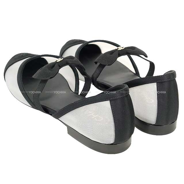 2025AW CHANEL ballet shoes(flat shoes) Mary Jane Coco mark ribbon Flat Bicolor Noir (Black)/Blanc (White) Mesh/Grosgrain #37.5c Champagne Gold HW G46701[BRAND NEW][Authentic]