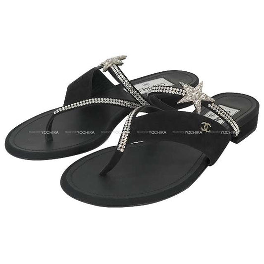 2022SS CHANEL sandals Coco mark Tong rhinestone Star Motif Noir (Black) Suede/Leather #38 Silver HW G38758[EXCELLENT][Authentic]
