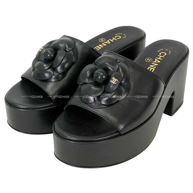 [Pre-loved] 2024 CHANEL sandals Coco mark Camelia Platform Mules Noir (Black) Lambskin #37.5c Champagne Gold HW G45498[LIKE NEW][Authentic]