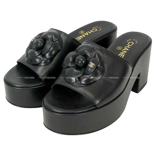 [Pre-loved] 2024 CHANEL sandals Coco mark Camelia Platform Mules Noir (Black) Lambskin #37.5c Champagne Gold HW G45498[LIKE NEW][Authentic]