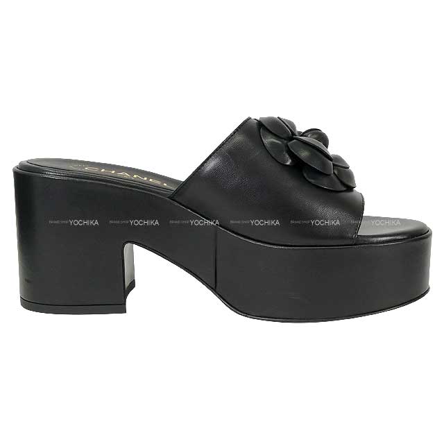 [Pre-loved] 2024 CHANEL sandals Coco mark Camelia Platform Mules Noir (Black) Lambskin #37.5c Champagne Gold HW G45498[LIKE NEW][Authentic]