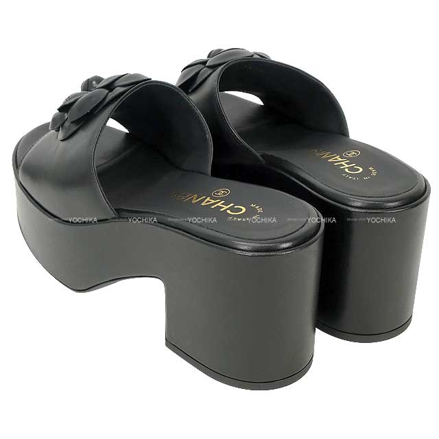 [Pre-loved] 2024 CHANEL sandals Coco mark Camelia Platform Mules Noir (Black) Lambskin #37.5c Champagne Gold HW G45498[LIKE NEW][Authentic]