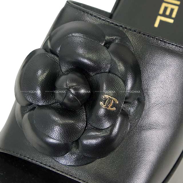 [Pre-loved] 2024 CHANEL sandals Coco mark Camelia Platform Mules Noir (Black) Lambskin #37.5c Champagne Gold HW G45498[LIKE NEW][Authentic]