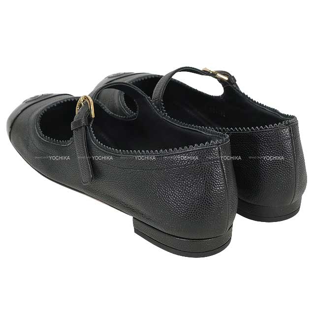 CHANEL ballet shoes(flat shoes) Flat Coco mark Mary Jane Noir (Black) Calfskin #37.5c Champagne Gold HW G36482[EXCELLENT][Authentic]