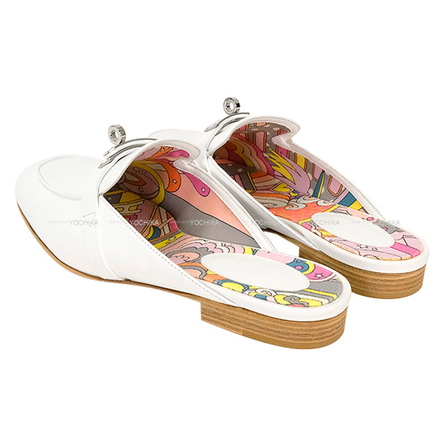 HERMES sandals mule Oz Kelly buckle Faubourg Rainbow Blanc (White)/Multicolor Calf #38[EXCELLENT][Authentic]