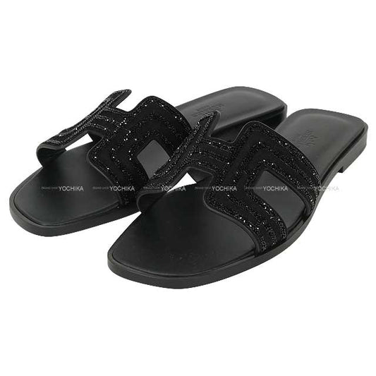 HERMES sandals Oran ARCANE Noir (Black) Chevre Veroa/Strass #37.5[EXCELLENT][Authentic]