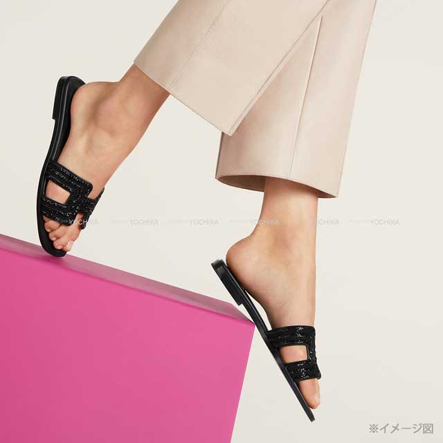 HERMES sandals Oran ARCANE Noir (Black) Chevre Veroa/Strass #37.5[EXCELLENT][Authentic]