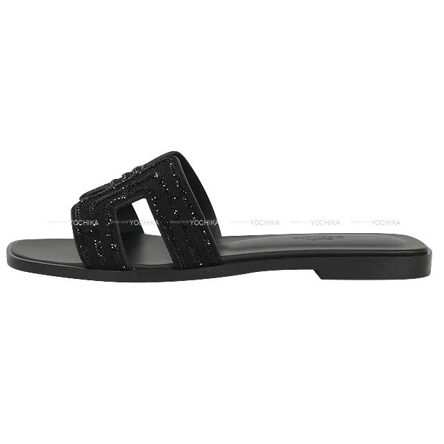 HERMES sandals Oran ARCANE Noir (Black) Chevre Veroa/Strass #37.5[EXCELLENT][Authentic]