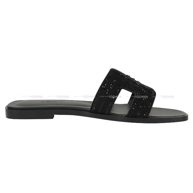 HERMES sandals Oran ARCANE Noir (Black) Chevre Veroa/Strass #37.5[EXCELLENT][Authentic]