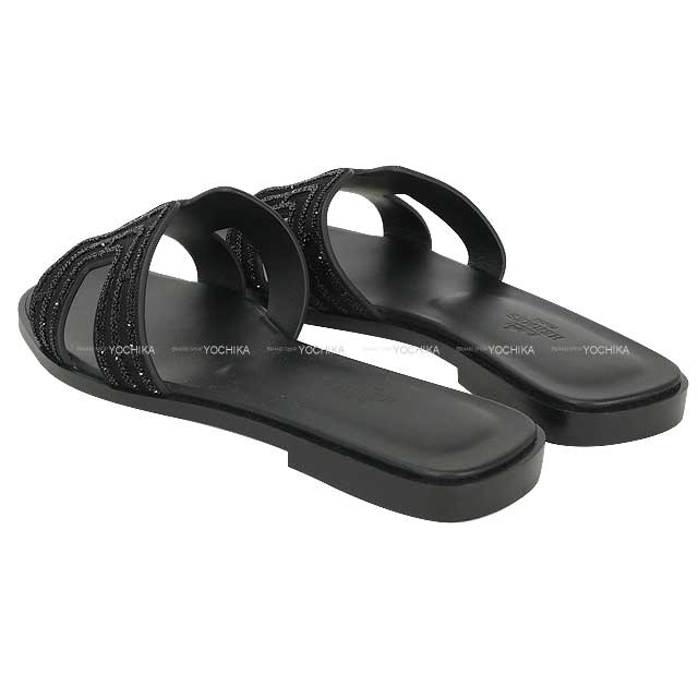 HERMES sandals Oran ARCANE Noir (Black) Chevre Veroa/Strass #37.5[EXCELLENT][Authentic]