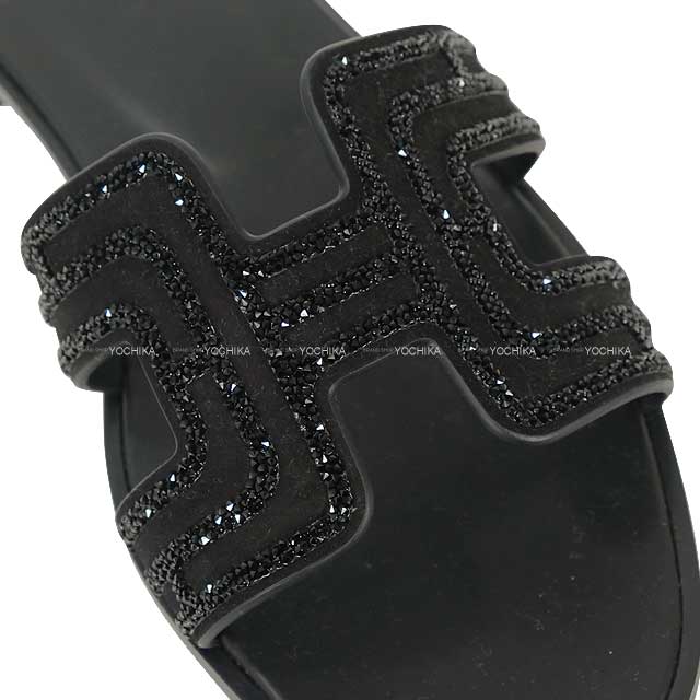 HERMES sandals Oran ARCANE Noir (Black) Chevre Veroa/Strass #37.5[EXCELLENT][Authentic]