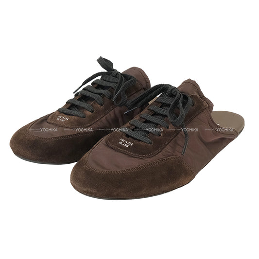 PRADA sandals Collapse Lace-up mules Re-Nylon Cafe Brown Nyron /Suede/Rubber #37.5 1E989N[BRAND NEW][Authentic]