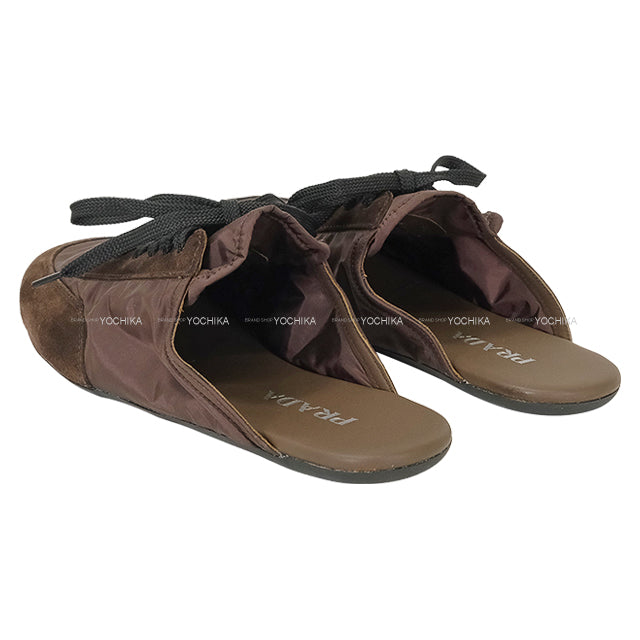 PRADA sandals Collapse Lace-up mules Re-Nylon Cafe Brown Nyron /Suede/Rubber #37.5 1E989N[BRAND NEW][Authentic]