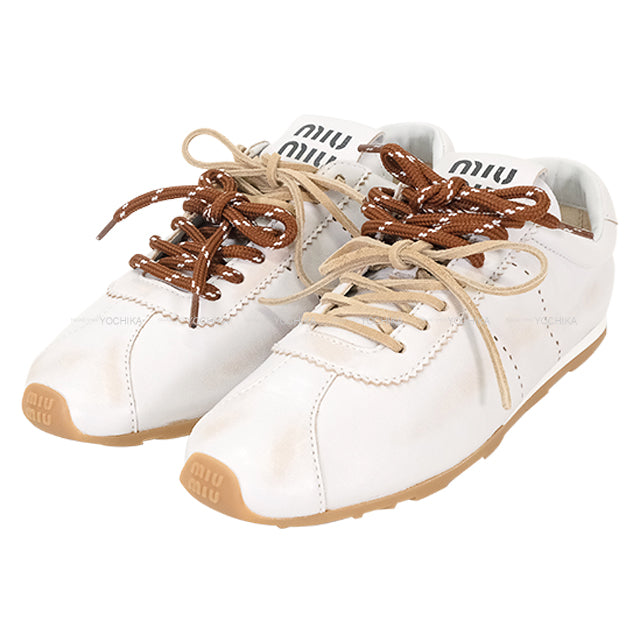 Miu Miu sneakers Plume Bleached Two-Tone Cord Shoes with Shoelaces Blanc (White)/Brown Nappa Leather #38 5E114E[BRAND NEW][Authentic]