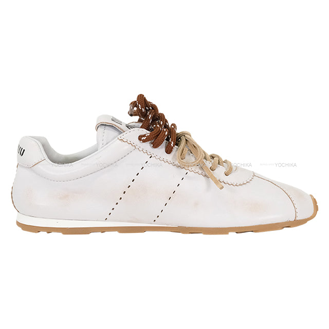 Miu Miu sneakers Plume Bleached Two-Tone Cord Shoes with Shoelaces Blanc (White)/Brown Nappa Leather #38 5E114E[BRAND NEW][Authentic]
