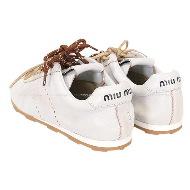 Miu Miu sneakers Plume Bleached Two-Tone Cord Shoes with Shoelaces Blanc (White)/Brown Nappa Leather #38 5E114E[BRAND NEW][Authentic]