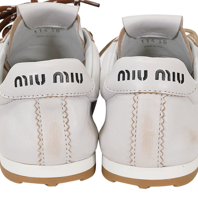 Miu Miu sneakers Plume Bleached Two-Tone Cord Shoes with Shoelaces Blanc (White)/Brown Nappa Leather #38 5E114E[BRAND NEW][Authentic]