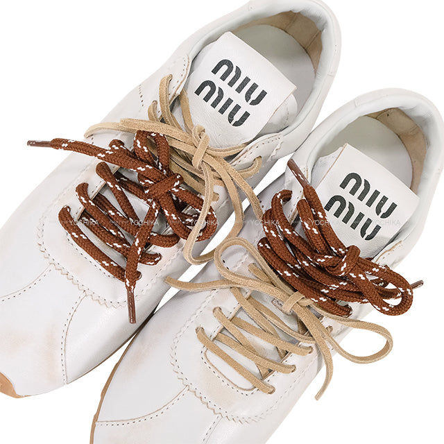Miu Miu sneakers Plume Bleached Two-Tone Cord Shoes with Shoelaces Blanc (White)/Brown Nappa Leather #38 5E114E[BRAND NEW][Authentic]