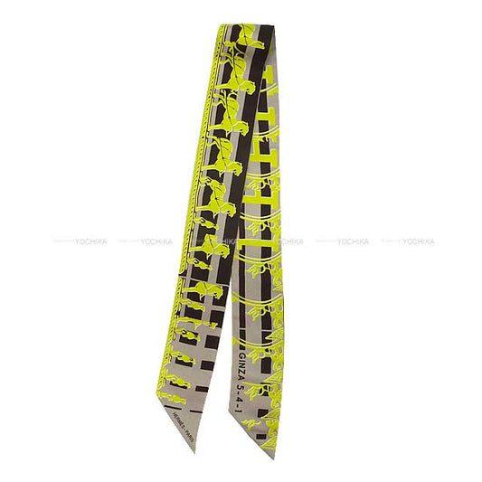 2011 Ginza 10th Anniversary HERMES scarf Twilly 24 FAUBOURG SECONDE GINZA5-4-1 Grey/Jaune Silk100%[EXCELLENT][Authentic]