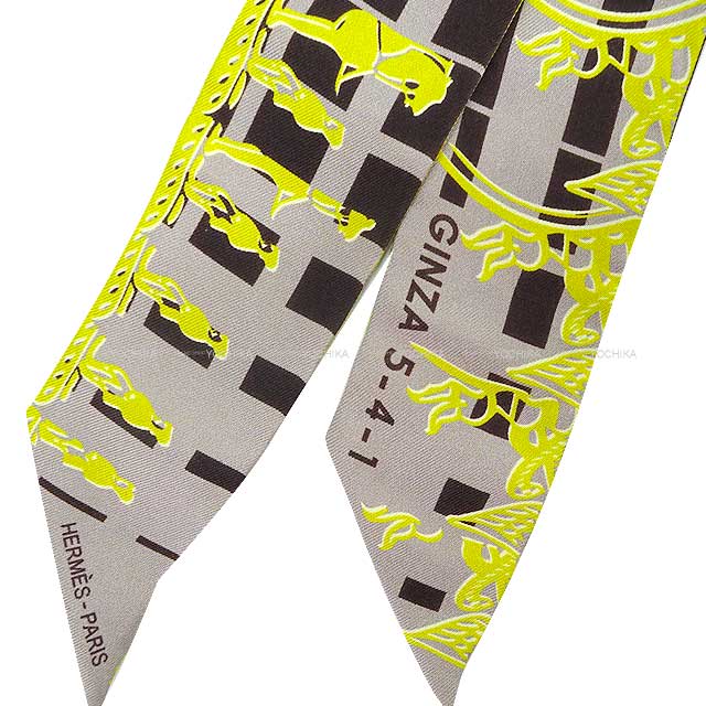 2011 Ginza 10th Anniversary HERMES scarf Twilly 24 FAUBOURG SECONDE GINZA5-4-1 Grey/Jaune Silk100%[EXCELLENT][Authentic]