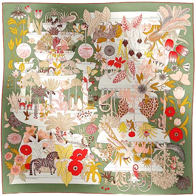 2024 SS HERMES scarf Carre 90 Precious Paradise Kaki/Pink/Red Silk100%[EXCELLENT][Authentic]