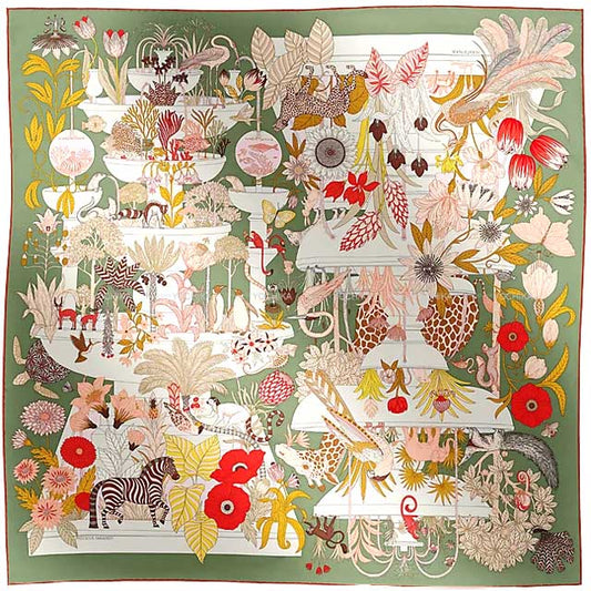 2024 SS HERMES scarf Carre 90 Precious Paradise Kaki/Pink/Red Silk100%[EXCELLENT][Authentic]