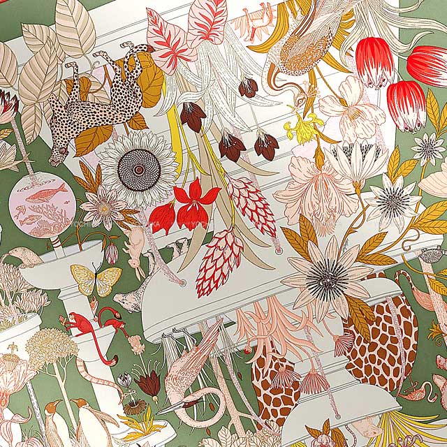 2024 SS HERMES scarf Carre 90 Precious Paradise Kaki/Pink/Red Silk100%[EXCELLENT][Authentic]