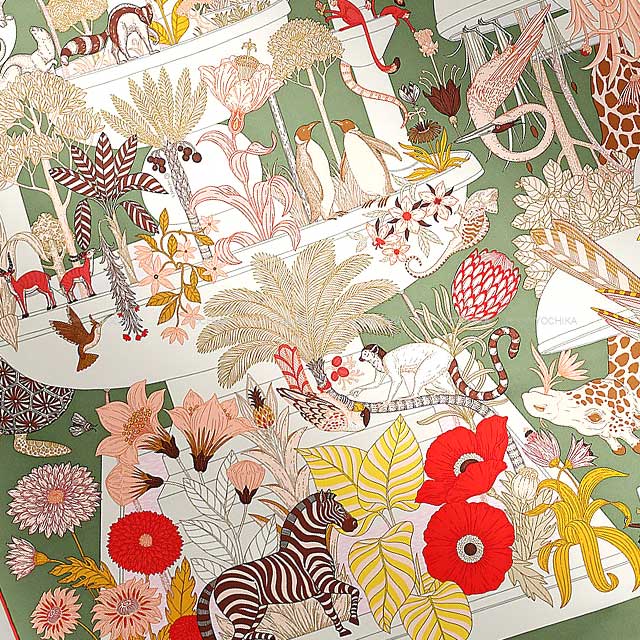 2024 SS HERMES scarf Carre 90 Precious Paradise Kaki/Pink/Red Silk100%[EXCELLENT][Authentic]