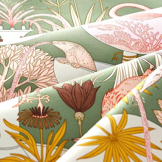 2024 SS HERMES scarf Carre 90 Precious Paradise Kaki/Pink/Red Silk100%[EXCELLENT][Authentic]