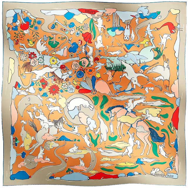 2023 AW HERMES scarf Carre 90 Mille et Un Lapins Gris clair/Baige'dore/Multicolor Silk100%[EXCELLENT][Authentic]