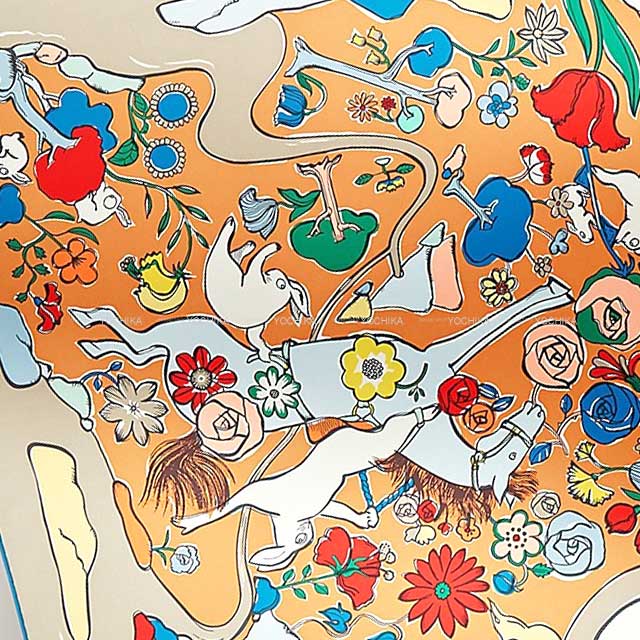 2023 AW HERMES scarf Carre 90 Mille et Un Lapins Gris clair/Baige'dore/Multicolor Silk100%[EXCELLENT][Authentic]
