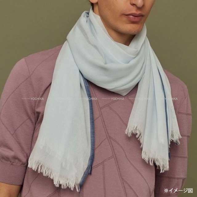 HERMES scarf Stole Naoshima Blue jean/White organic cotton[EXCELLENT][Authentic]
