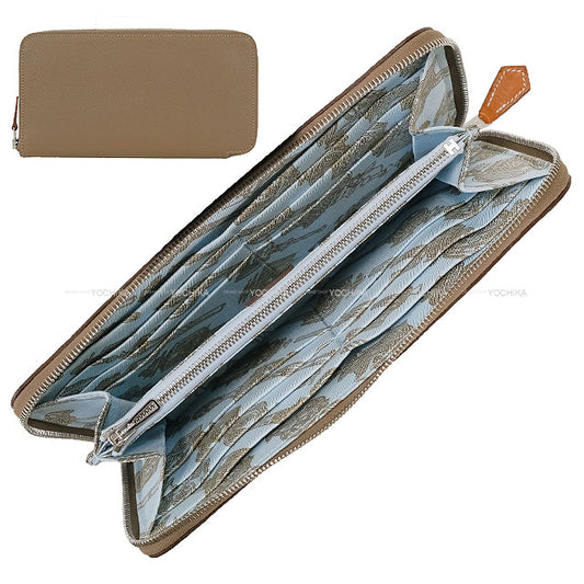 HERMES long wallet Azap Silk'in Long Melveilleuse Lantern Etoupe/Blue brume Evercolor/Veau Barenia/Silk Silver HW Stamp K[BRAND NEW][Authentic]