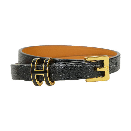 HERMES bracelet Pop H Double Tour #T2 Noir (Black) Chevre Chamkila/Metal Gold HW Stamp W LF1204[EXCELLENT][Authentic]