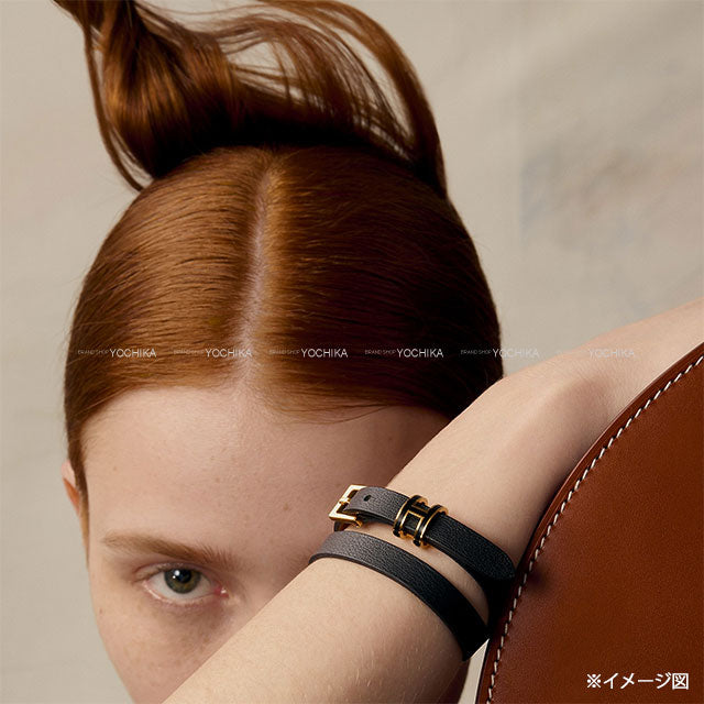 HERMES bracelet Pop H Double Tour #T2 Noir (Black) Chevre Chamkila/Metal Gold HW Stamp W LF1204[EXCELLENT][Authentic]