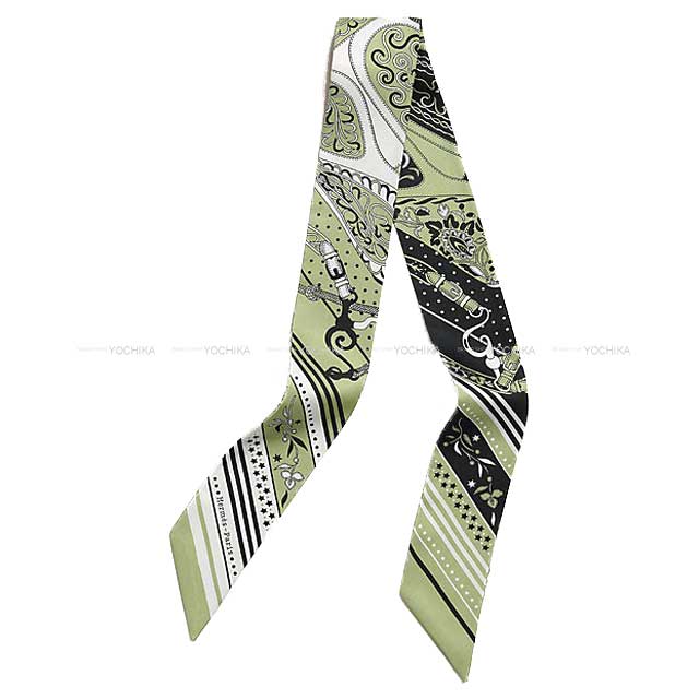 2025SS HERMES scarf Twilly Festival Des Amazones Pistache/Noir (Black)/Blanc (White) Silk100% H064217S07[BRAND NEW][Authentic]