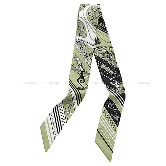 2025SS HERMES scarf Twilly Festival Des Amazones Pistache/Noir (Black)/Blanc (White) Silk100% H064217S07[BRAND NEW][Authentic]