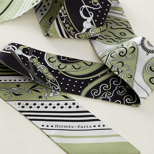 2025SS HERMES scarf Twilly Festival Des Amazones Pistache/Noir (Black)/Blanc (White) Silk100% H064217S07[BRAND NEW][Authentic]
